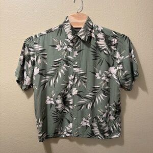 Men’s Large Natural Issue Silky Touch Olive Green Floral Hawaiian Print Shirt